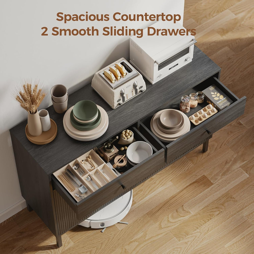 Mericonia Farmhouse Buffet Sideboard Cabinet with Storage, Fluted Coffee Bar with Doors and Adjustable Shelves, Modern Wood Console Cabinet with Drawers (4 Door, Grey 2 Drawer)