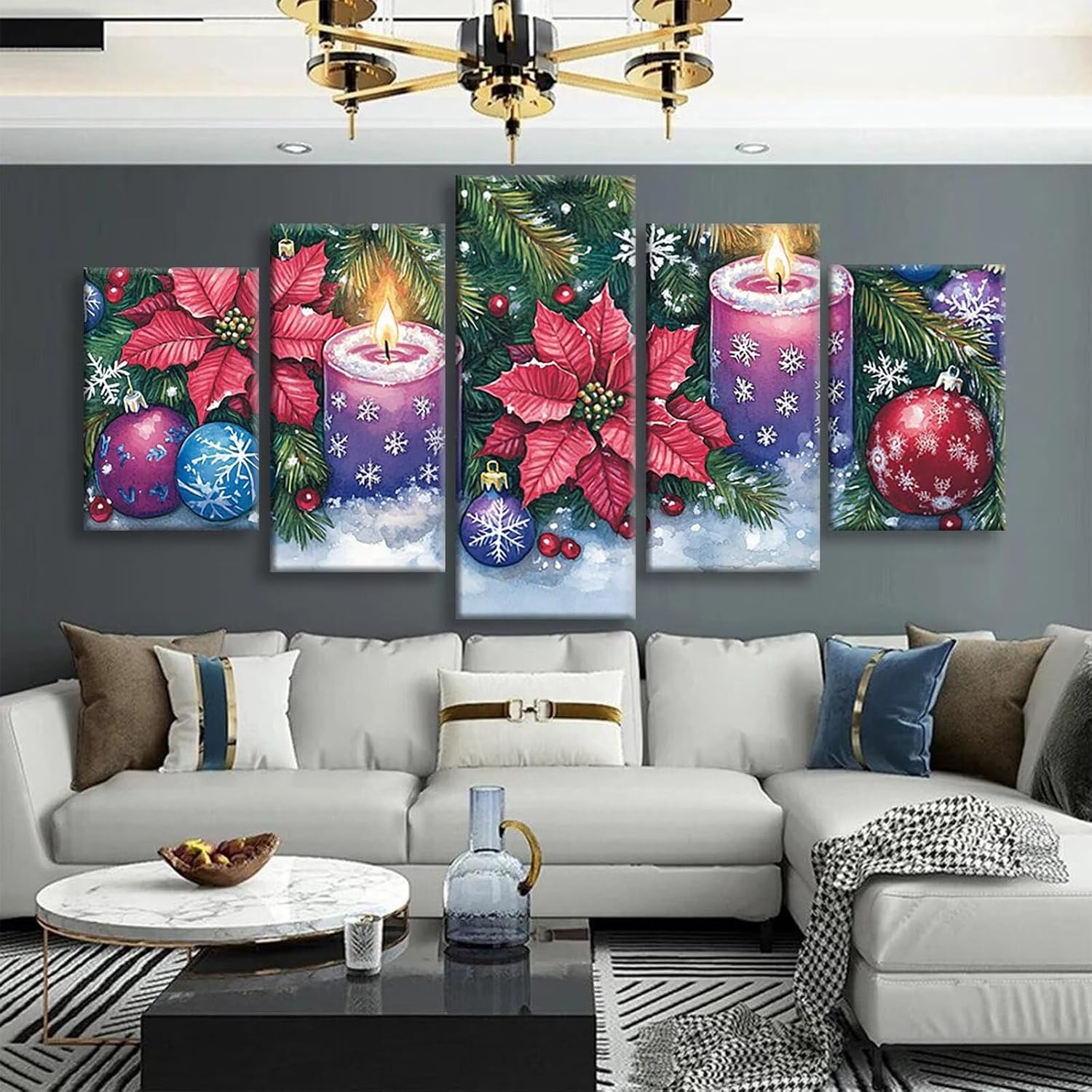 Snowflake Diamond Art 5 Piece Diamond Painting Candle 5D DIY Full Round Drill Dimond Art Paintings Crystal Crafts for Adults Gem Painting for Home Decor, Large Artwork for Wall 48 x 100 Inch, Model75
