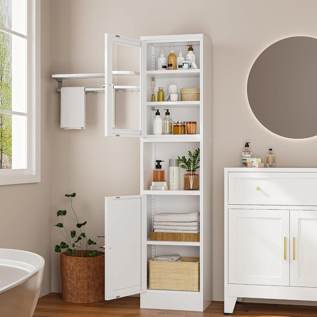Narrow Glass Door Storage Cabinet Tall Metal Storage Cabinets with 4 Adjustable Shelves Freestanding 5 Tier Slim Pantry Cabinet for Kitchen Office Small Space