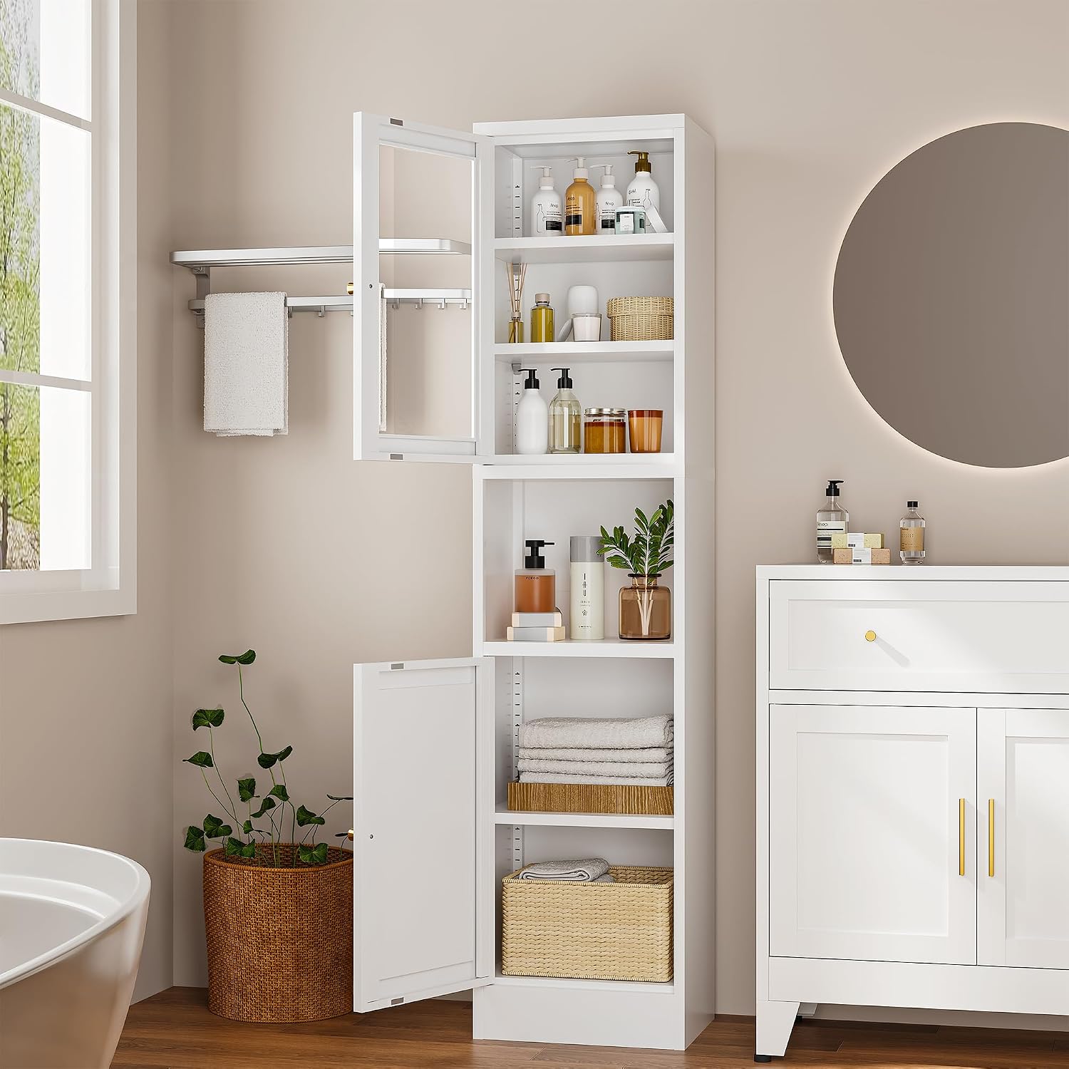 Narrow Glass Door Storage Cabinet Tall Metal Storage Cabinets with 4 Adjustable Shelves Freestanding 5 Tier Slim Pantry Cabinet for Kitchen Office Small Space