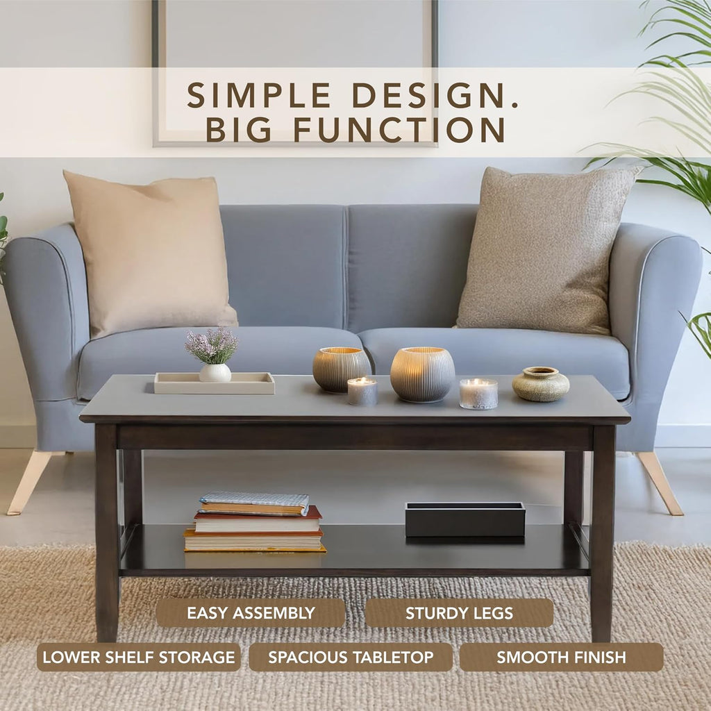 Solid Wood Coffee Table - Dark Walnut Wood Finish, Classic Design