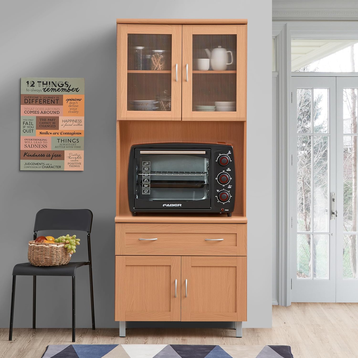 HODEDAH IMPORT Tall Standing Kitchen Cabinet with Top and Bottom Enclosed Cabinet Space, 1-Drawer, Large Open Space for Microwave in Beech