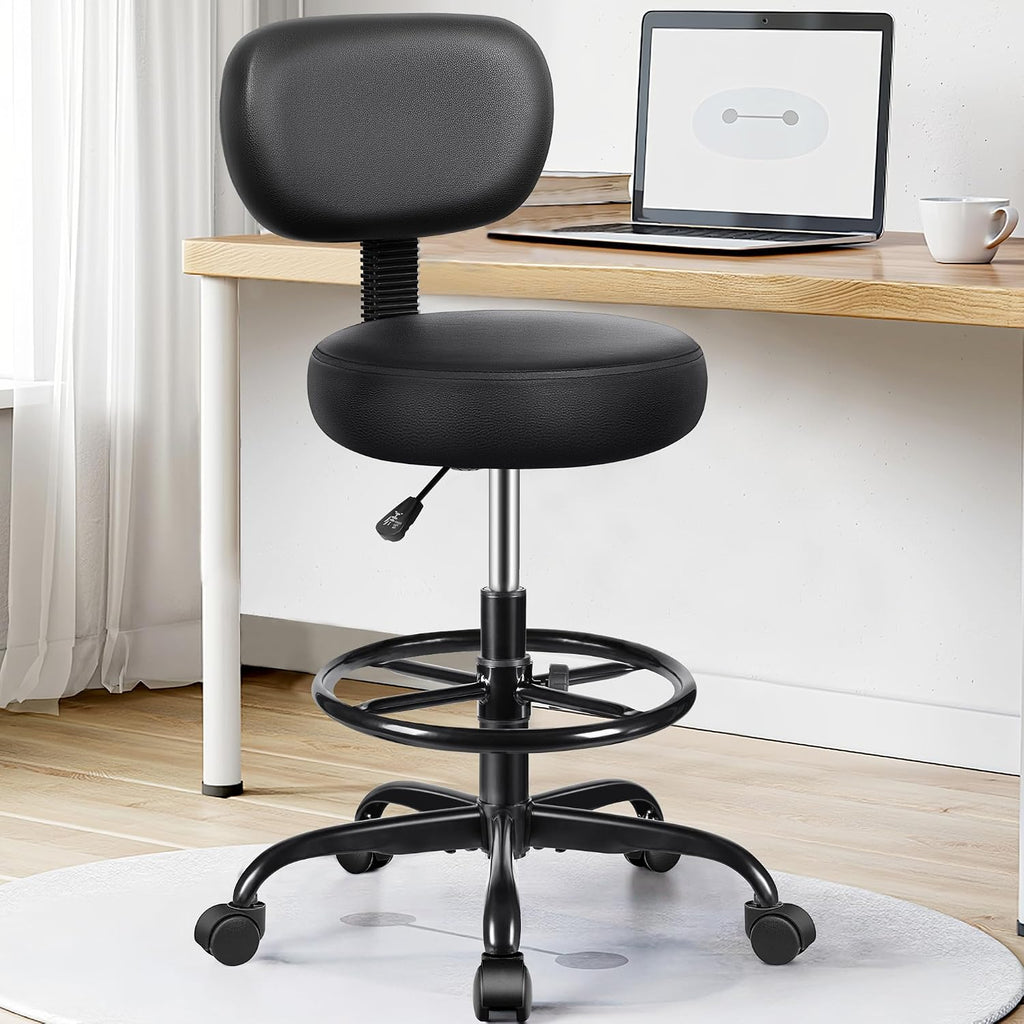 Brick Attic Drafting Chair with Backrest – Adjustable Foot Rest Rolling Stool with Wheels, PU Leather Swivel Stool for Office Spa Studio Lab Counter Salon Home Work Bar Kitchen Shop(Black), Pack of 2