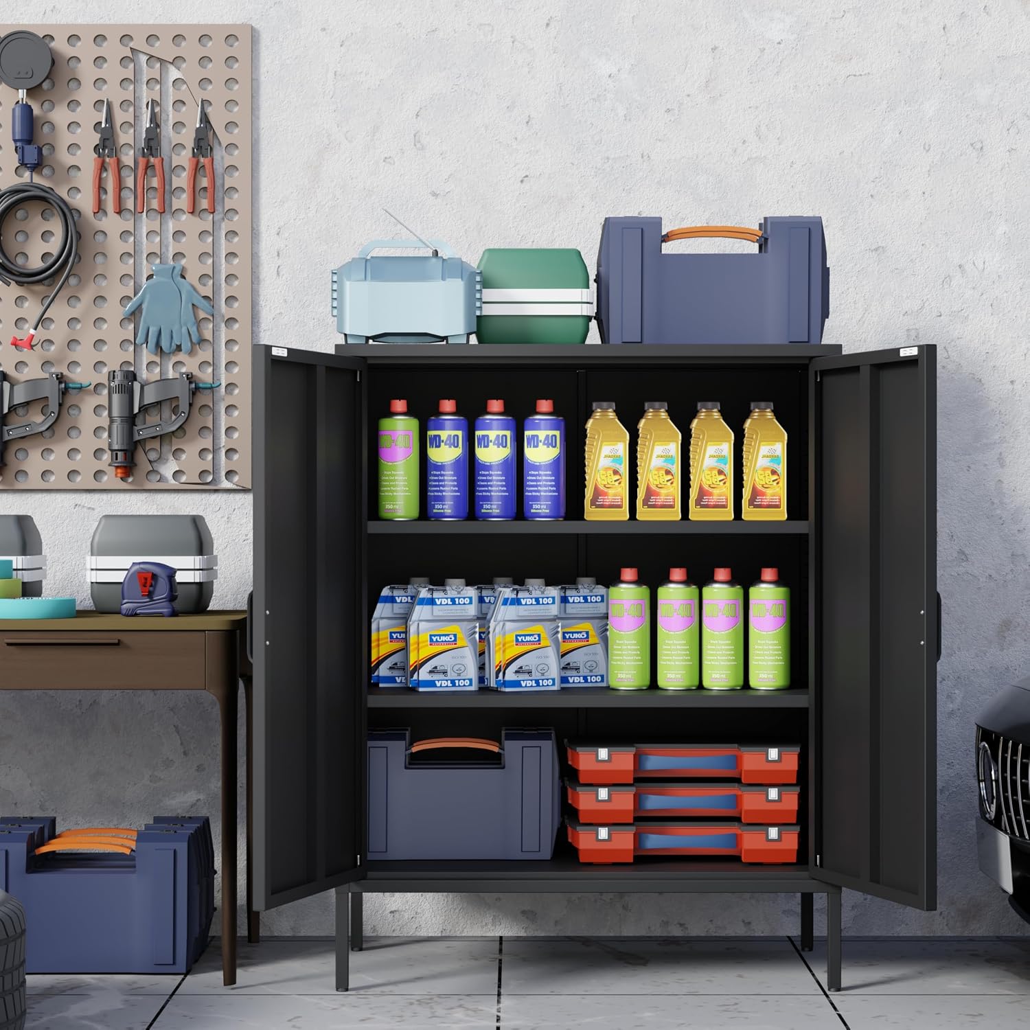 Bathroom Floor Storage Cabinet, 40' H Metal Locker, Small Black Cabinets with 2 Adjustable Shelves & 4 Doors,Freestanding Sideboard,Pantry Food Cabinet for Hallway,Home Office, Kitchen