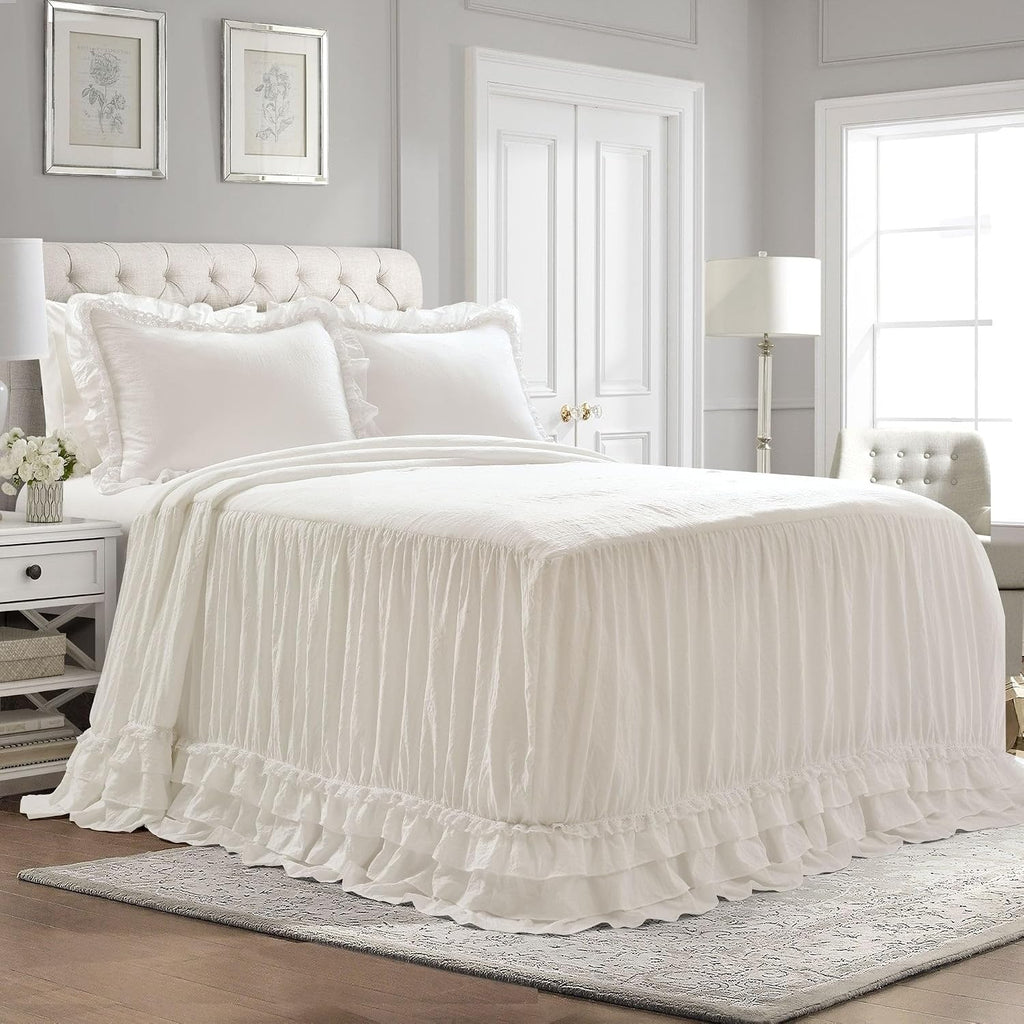 Lush Decor Ella Ruffle Lace Bedspread, 3 Piece Set, Queen, Neutral - Cute Bed Set - Queen Bedding - Beige Bedding - Coquette Decor - Neutral Ruffle Trim - Beige Lace Trim