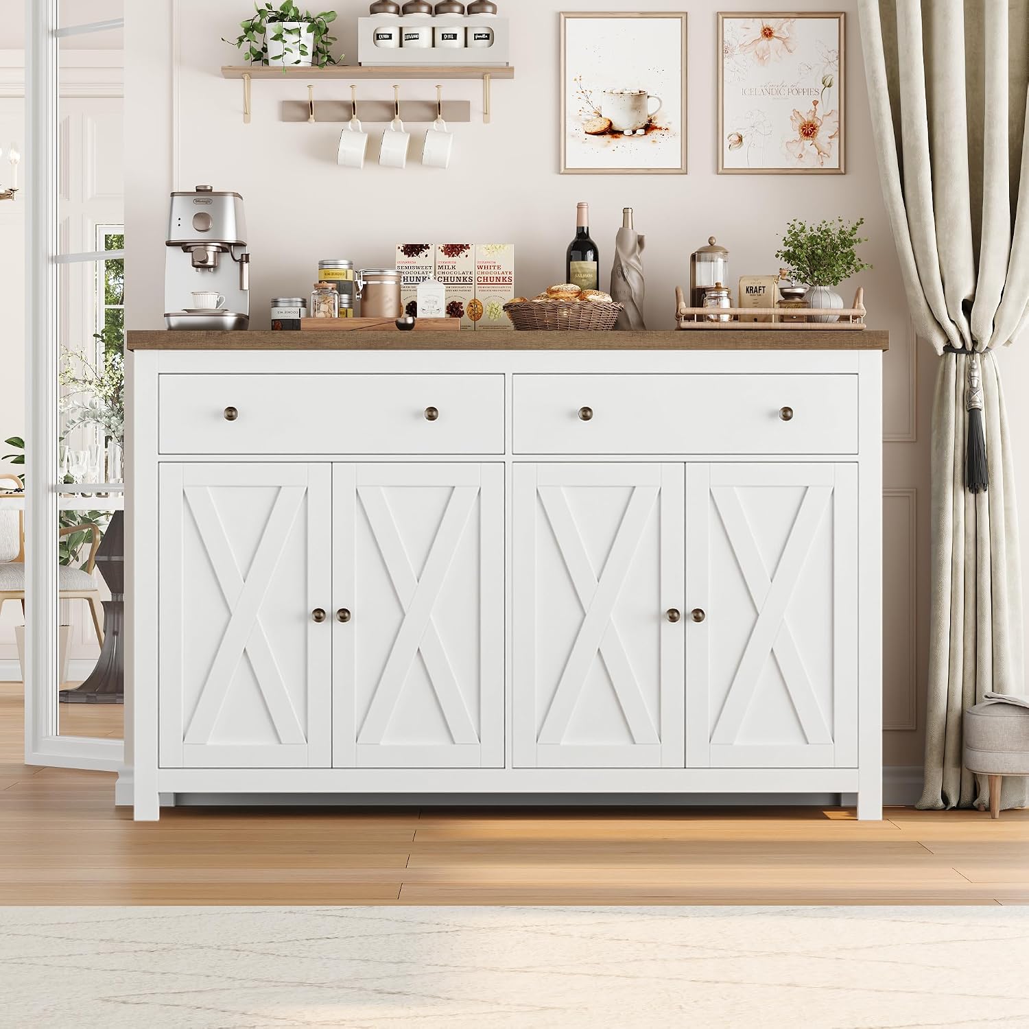 FOTOSOK Sideboard Buffet Cabinet with Storage, 55' Large Kitchen Storage Cabinet with 2 Drawers and 4 Doors, Wood Coffee Bar Buffet Table Console Table for Kitchen Dining Room, White