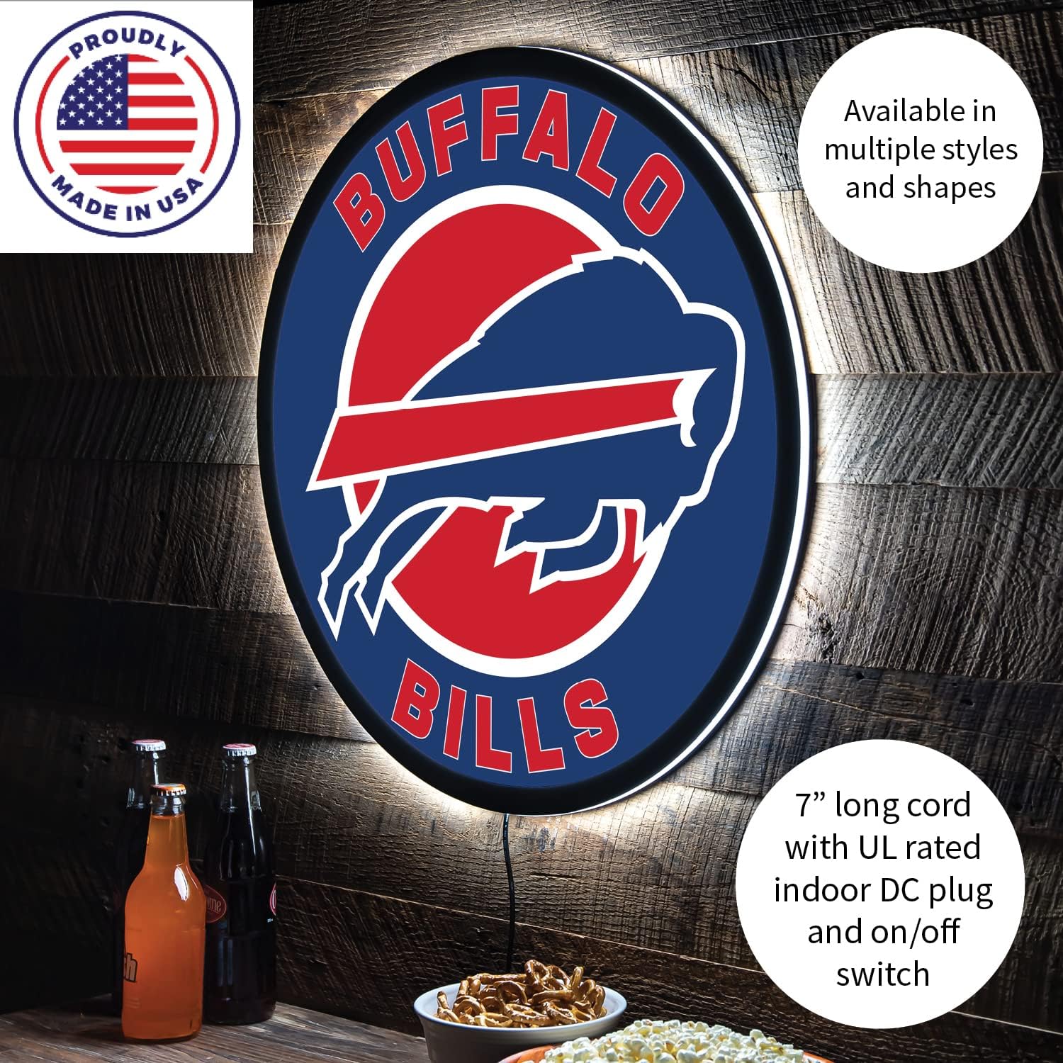 Team Sports America Evergreen NFL Buffalo Bills | Ultra-Thin LED Light Wall Sign Decor | 23 Inch Round | Made in the USA