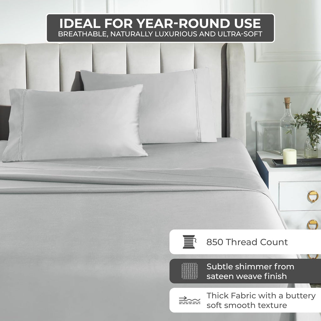 Superior Egyptian Cotton 850 Thread Count Bed Sheet Set, 1 Elastic Deep Pocket Fitted Sheet, 1 Flat Sheet, 2 Pillowcases, Daily Soft Sheets, Luxury, Plush, Hotel, Home Collection, King, Chrome