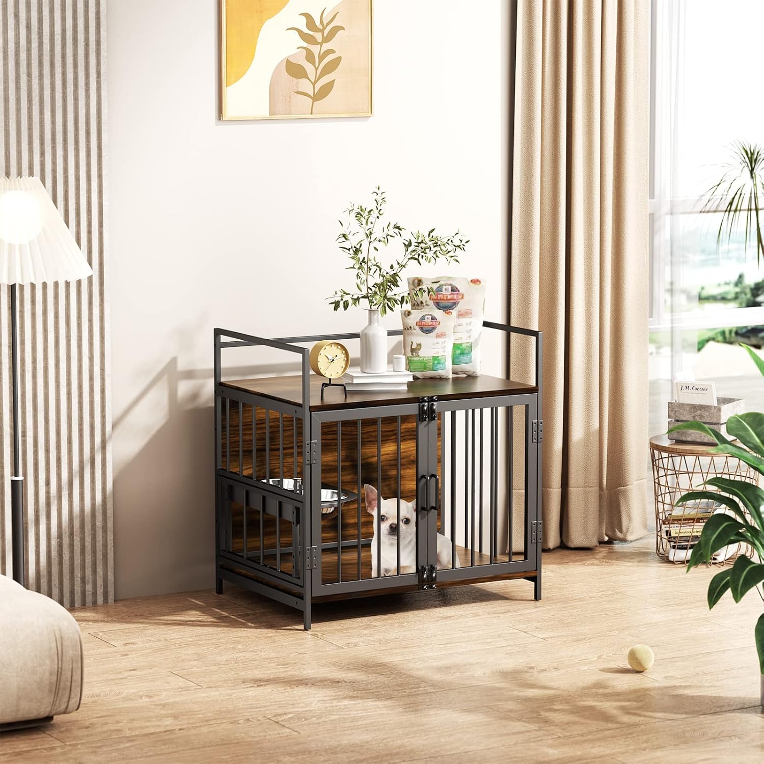 ROOMTEC Dog Crate Furniture-Style Cages for Small Dogs Indoor Heavy Duty Super Sturdy Dog Kennels with 2 Stainless Steel Bowls (32Inch = Int.dims: 30.7' W x 20' D x 20' H)