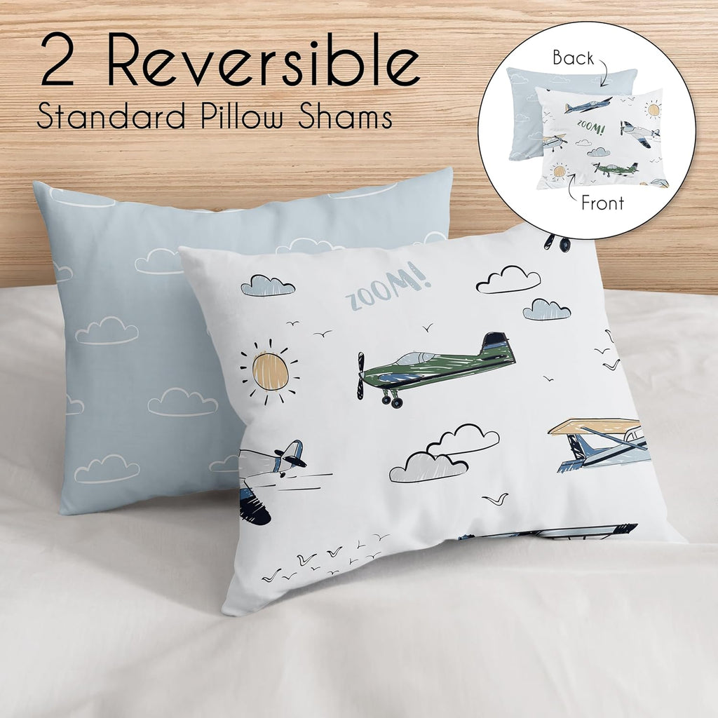 Sweet Jojo Designs Vintage Airplane Boy Queen Comforter Set Full Size Bedding for Kids Teen Adult Bed Room 3pc Grey Green Blue White Yellow Airplanes Air Plane Transportation Clouds Sun Sky Aviator