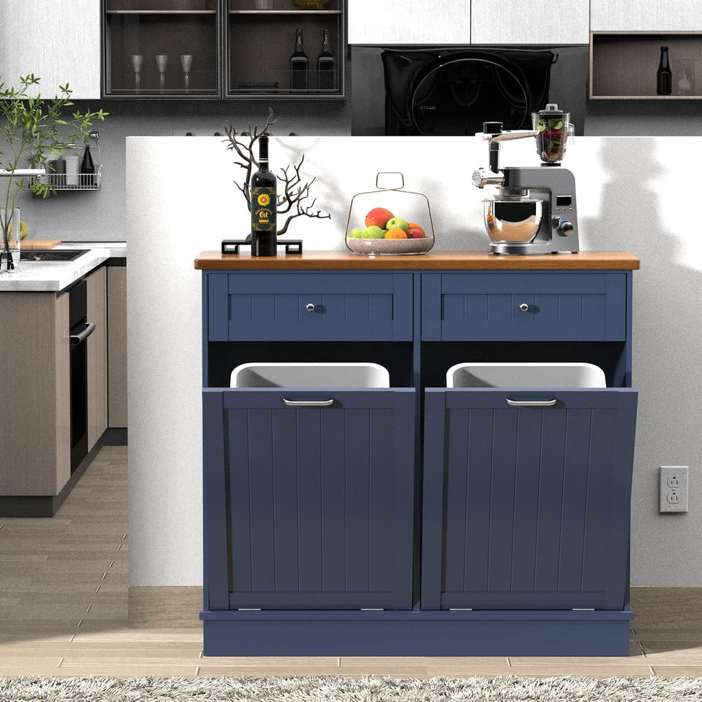 TOLEAD Tilt Out Trash Cabinet,Antique-Style Beadboard Kitchen Island with Solid Wood Tabletop & Drawer, Pet Proof Trash Can, Wood Laundry Cabinet (Blue, Double Door)