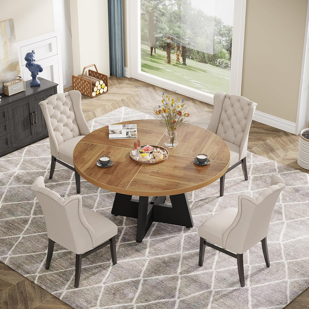 Tribesigns Farmhouse Dining Table, 47 Inch Round Dinner Table for 4, Rustic Round Dining Room Table for Home Dining Room Living Room (Walnut Brown+Black)
