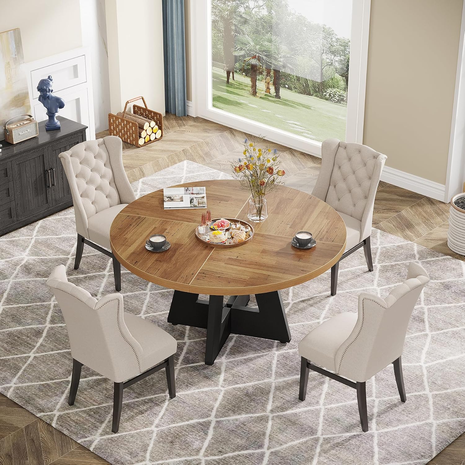 Tribesigns Farmhouse Dining Table, 47 Inch Round Dinner Table for 4, Rustic Round Dining Room Table for Home Dining Room Living Room (Walnut Brown+Black)