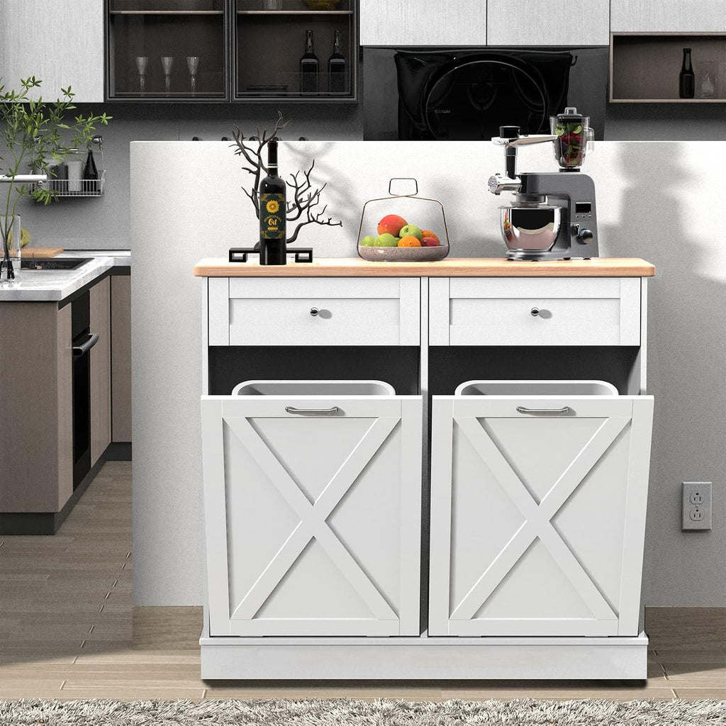 TOLEAD Double Tilt Out Trash Cabinet Free Standing 10 Gallon Recycling Trash Can Cabinet with Barn Door for Farmhouse Kitchen,Living Room, Dining Room, White