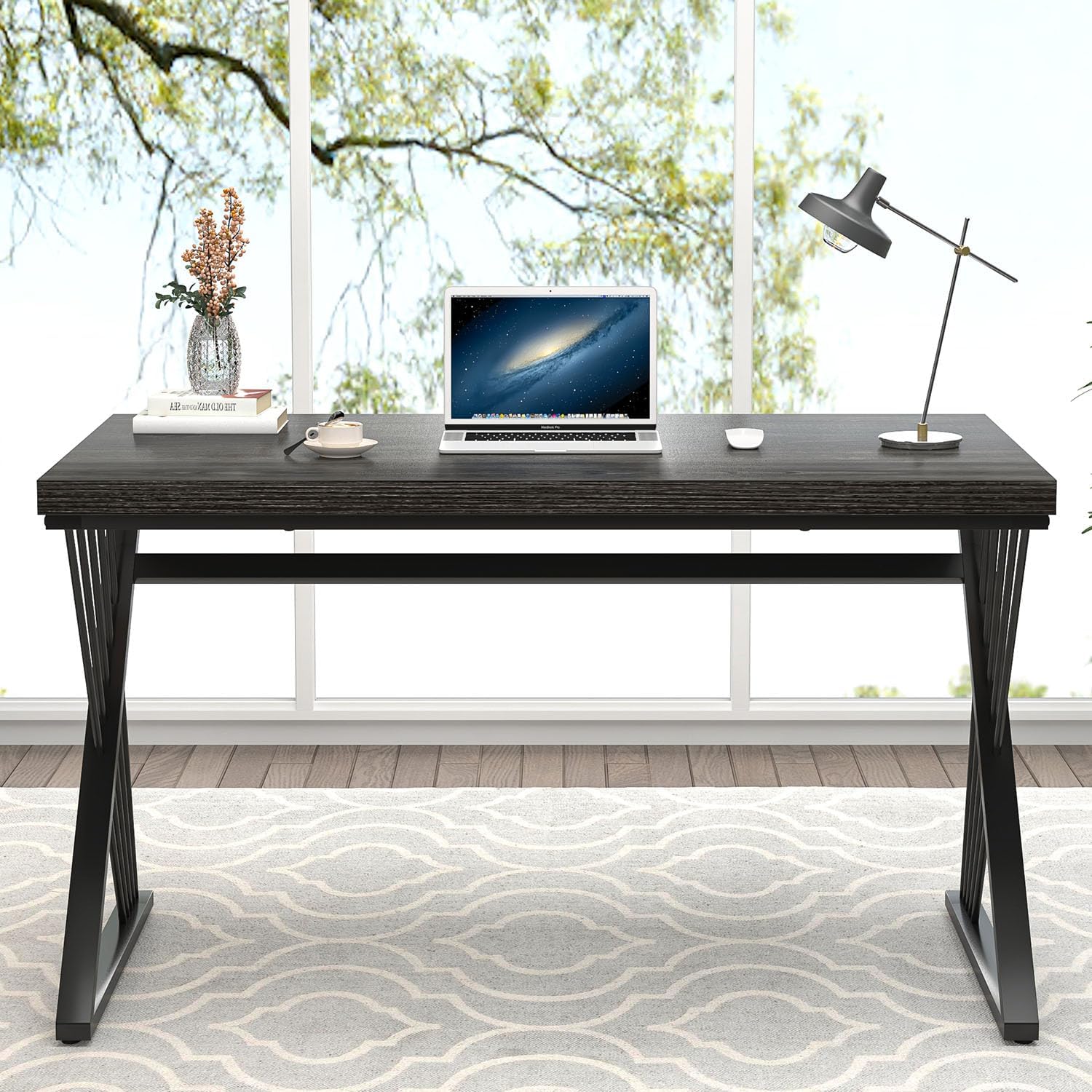 FOLUBAN Modern Home Office Desks, Rustic Wood and Metal Computer Desk, Industrial Writing Study Gaming Table for Living Room Bedroom, Dark Gray, 47 Inch