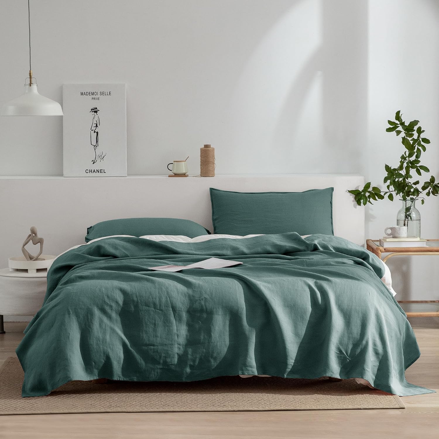 EVERLY Linen Sheets Set Twin Size,100% French Stonewash Pure Linen Sheets Set,3Pieces (1Flat Sheet,1Fitted Sheet,1Pillowcase) Suitable for Hot Sleepers,Deep Pocket Bedding Set-Aqua
