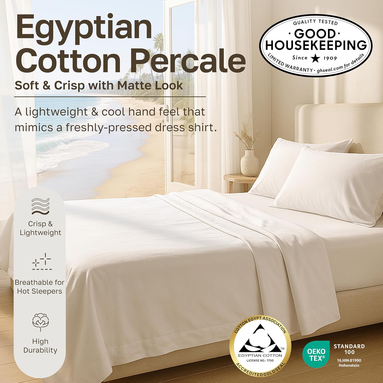 California Design Den King Size Sheets Set Cotton - Certified 100% Egyptian Cotton King Size Percale Sheets Set with Deep Pockets, Lightweight, Crisp, Durable Luxury Bedding - Grey