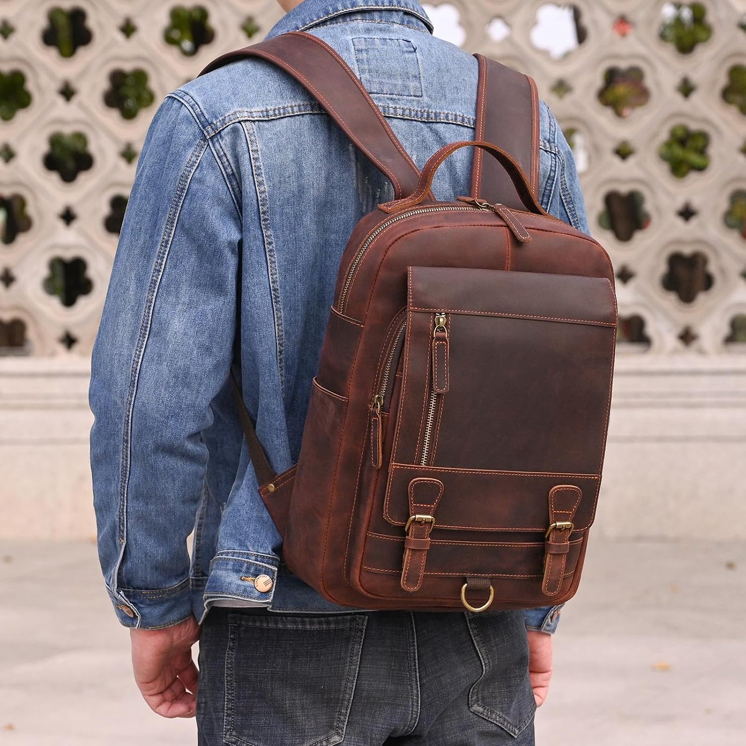 Vintage Full Grain Leather Backpack for Men, 16' Laptop Rucksack For Men Hiking Trave Work Business Bag, 1829 Brown