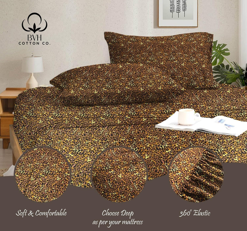 Egyptian Cotton Queen Size Sheet Set, 4Pc Bed Set, Soft & Breathable Percale Weave, Fits 10-12' Deep Pocket, Hotel-Quality 1000 Series Bed Sheets (Leopard Print)