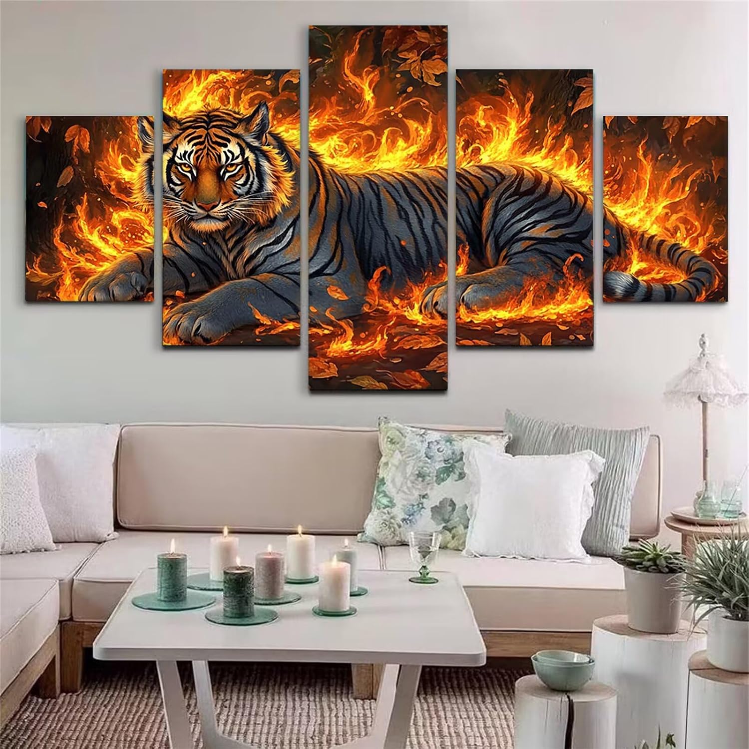 Tiger Diamond Art 5 Piece Diamond Painting Animal 5D DIY Full Square Drill Dimond Art Paintings Rhinestones Crafts for Adults Gem Painting for Home Decor, Large Artwork for Wall 48 x 100 Inch,Model318