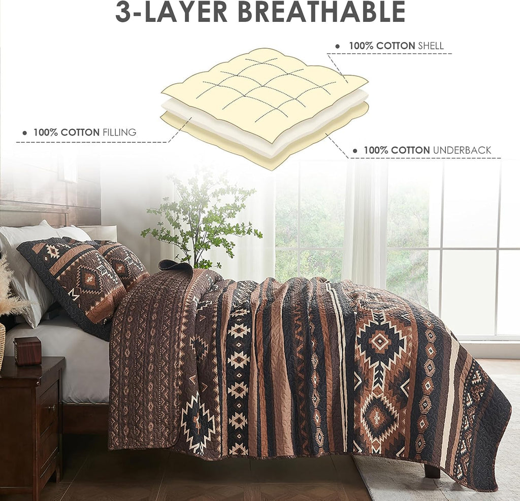 Traditional Quilt Queen Size - 3 Pieces Rustic Aztec Bedding Sets - 100% Cotton Southwestern Bedspread for All Season - American Navajo Diamond Motif Lightweight Comforter - Brown/Black