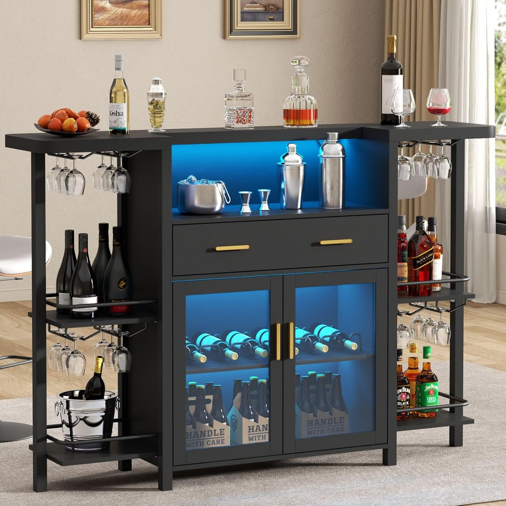 Loomie Bar Table Cabinet with LED Lights & Drawer, 8-Tier Wine Bar Cabinet with Wine Rack & Stemware Holder, Home Bar Unit Liquor Cabinets with Glass Door, Crescent Shaped Counter for Home Pub (Black)
