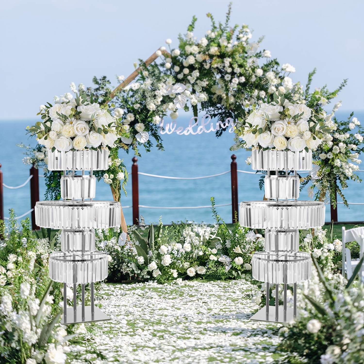 5-Tier Crystal Silver Vase for Centerpiece - Large Wedding Decor Flower Stand, Metal Chandelier Stand with K9 Crystal Pendants, Elegant Flower Display Rack for Party Event Home Wedding Decor (Silver)