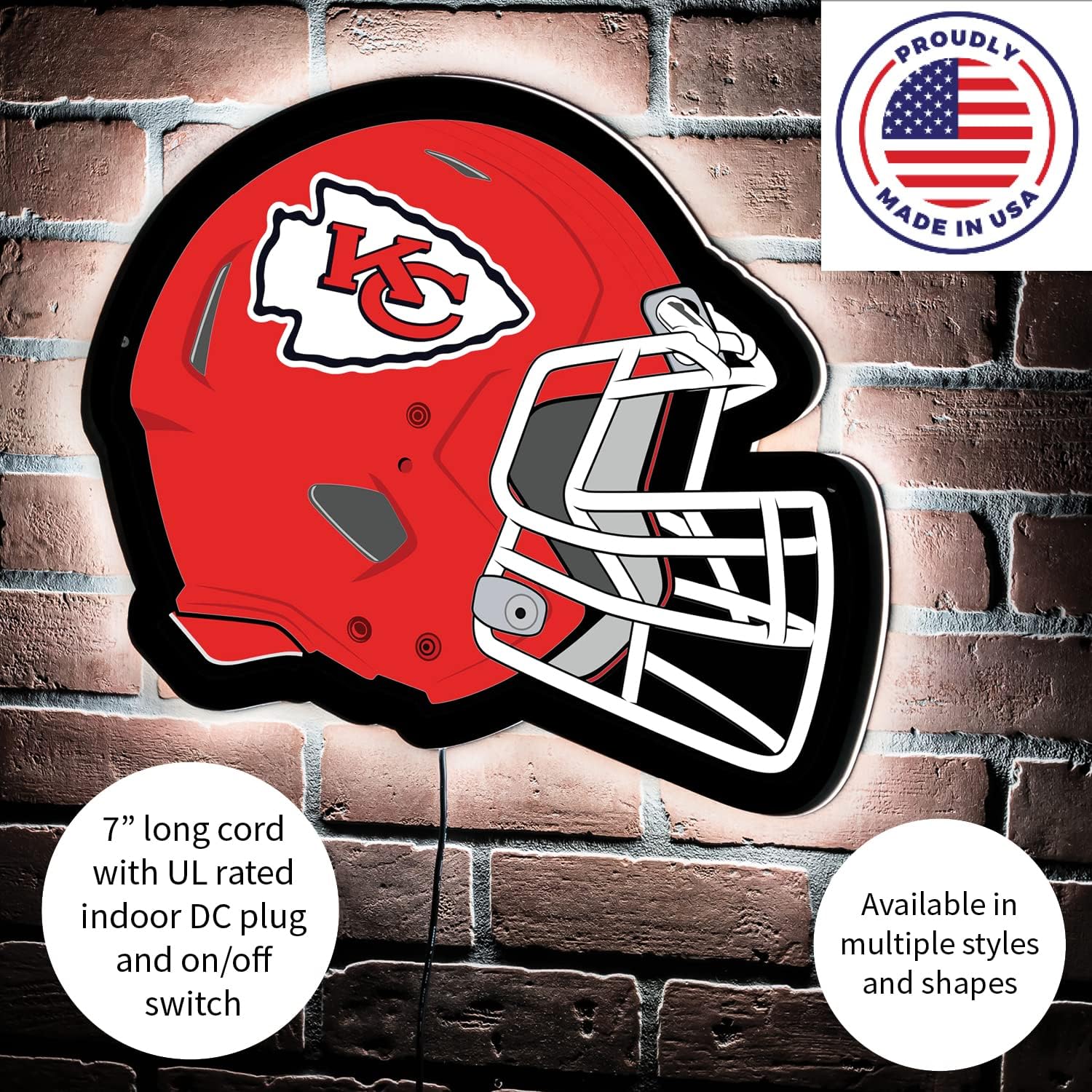 Team Sports America Evergreen NFL Kansas City Chiefs Ultra-Thin LED Light Wall Sign Decor | Full Size Replica Helmet | 19.5 x 15 Inches | Made in the USA
