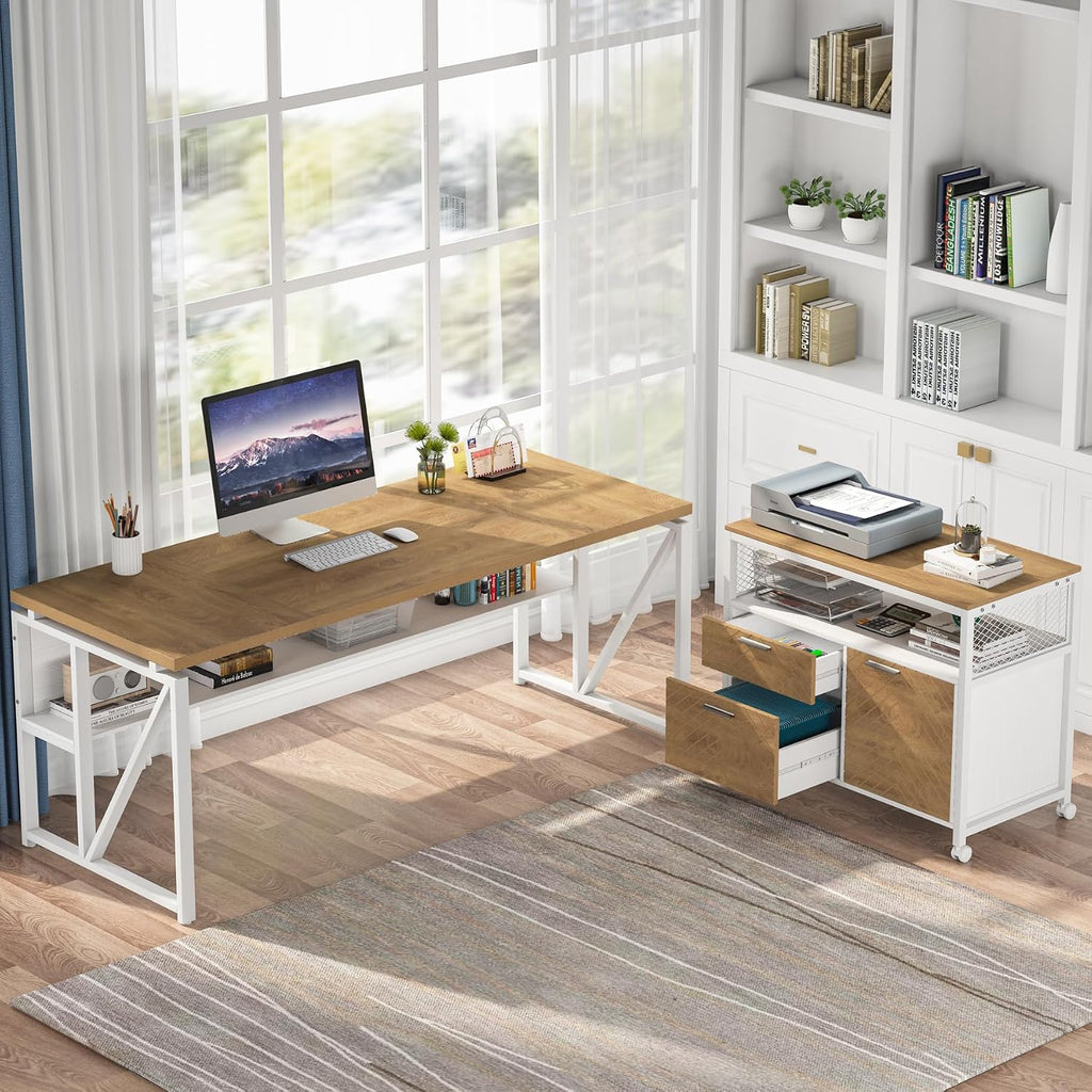 Tribesigns 63 inches Computer Desk with Bottom Storage Shelf Home Office Desk Writing Table for Workstation, Dark Walnut + Steel Leg, Cabinet not Included (Light Oak, 63-inch-with Shelf)