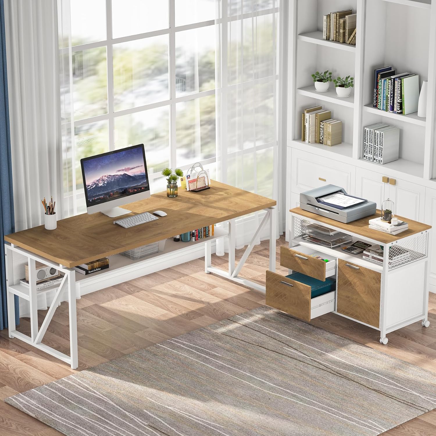 Tribesigns 63 inches Computer Desk with Bottom Storage Shelf Home Office Desk Writing Table for Workstation, Dark Walnut + Steel Leg, Cabinet not Included (Light Oak, 63-inch-with Shelf)