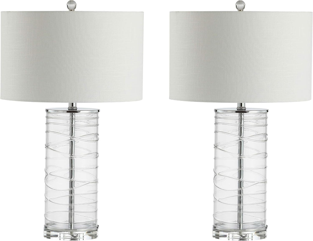 JONATHAN Y 27.5' Clear Modern Fused Glass Table Lamp Set of 2 for Bedroom Living Room, Coastal Nightstand Bedside Lamp with White Linen Shade, LED Bulbs Included (JYL4016B-SET2)