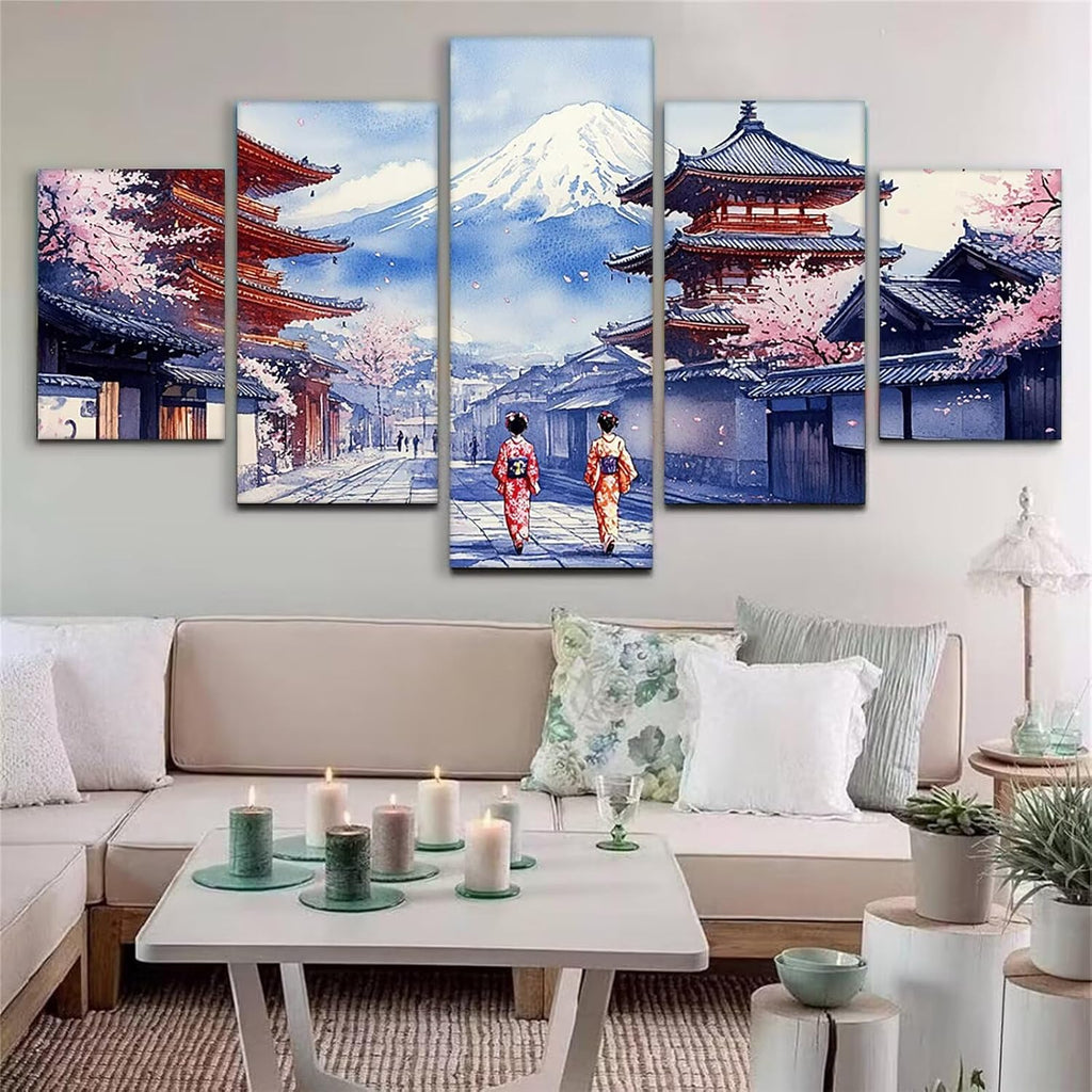 Japan Diamond Art 5 Piece Diamond Painting Landscape 5D DIY Full Square Drill Dimond Art Paintings Crystal Crafts for Adults Gem Painting for Home Decor, Large Artwork for Wall 44 x 90 Inch, Model150