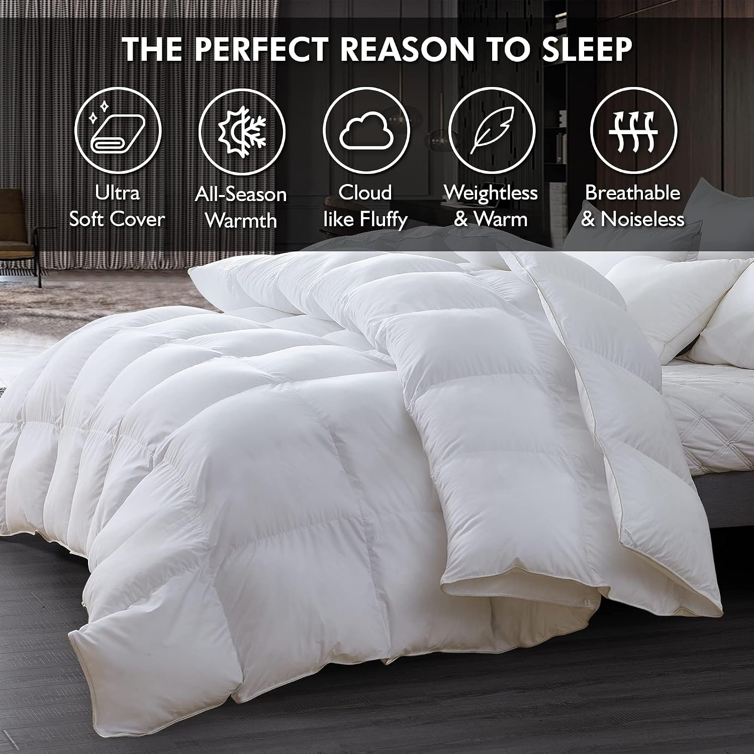 Luxurious King/Oversized King 108' x 98' Size Goose Down Fiber Waterfowl Feather Fiber Comforter Duvet, 100% Egyptian Cotton Cover, 65 oz. Fill Weight, Baffle Box Design, White Solid