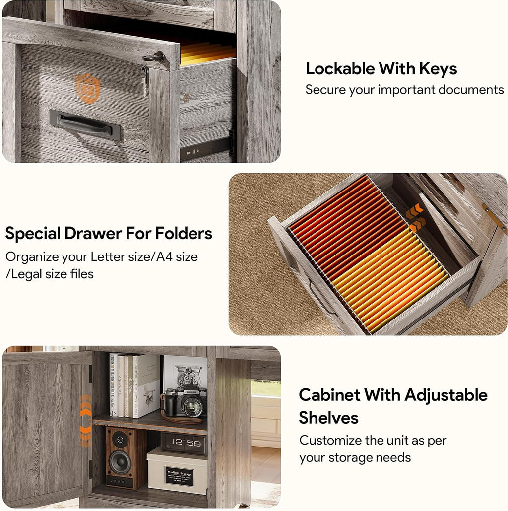Decofy Farmhouse Executive Desk with Drawers, 55' Home Office Desks with Fast Charging Station, Lockable File Cabinet, Wood Writing Computer Desk for Work, Study, Grey