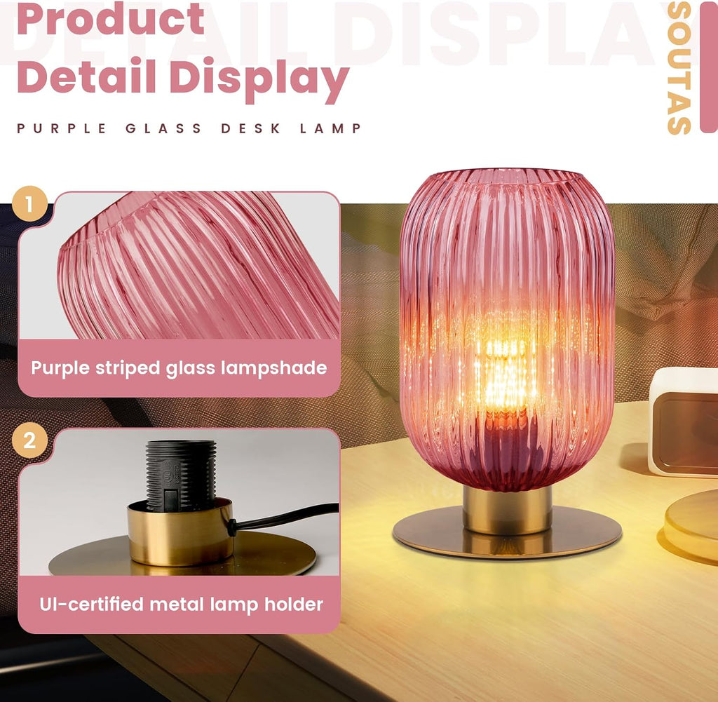 Small Table Lamps Set of 2, Mid Century Glass Desk Lamp Retro Nightstand Lamp with Gold Metal Base, Cute Bedside Lamp Pink Table Lamp for Girls Bedroom Study Room