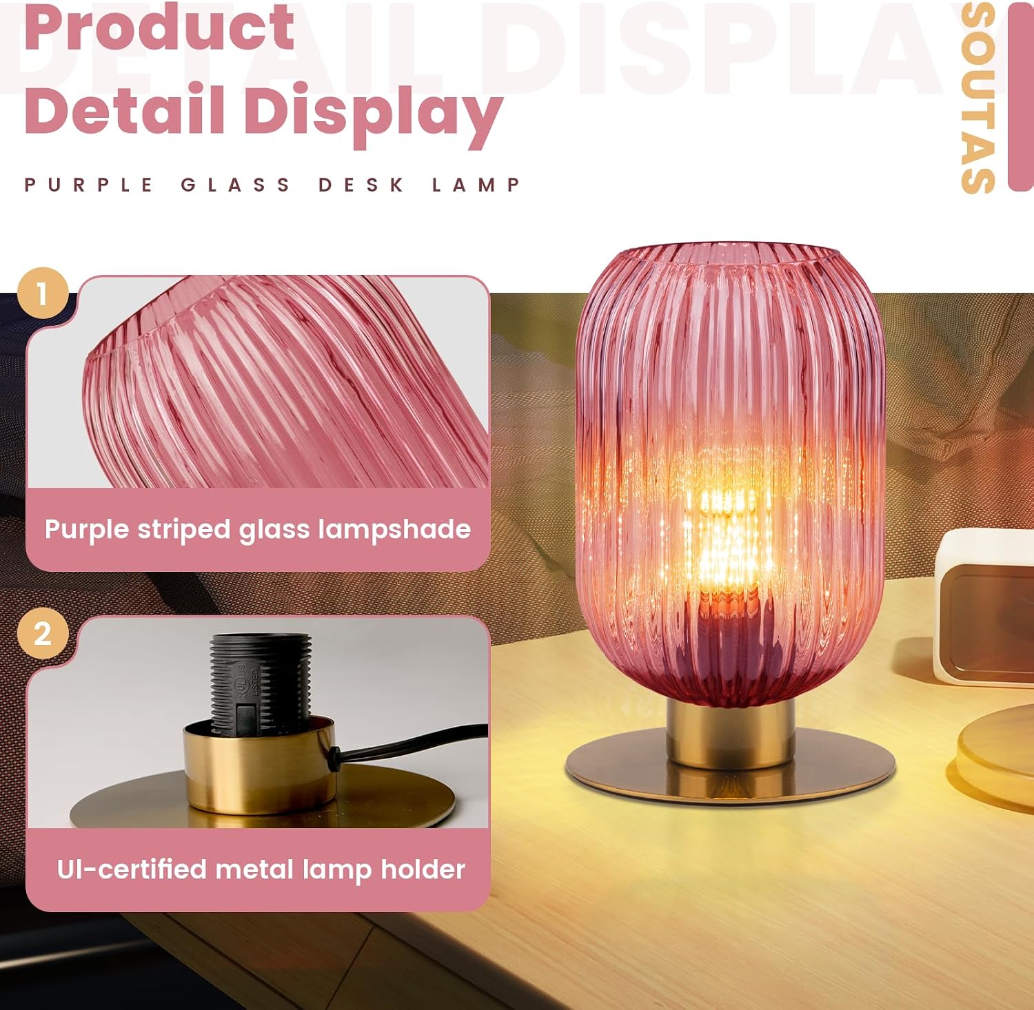 Small Table Lamps Set of 2, Mid Century Glass Desk Lamp Retro Nightstand Lamp with Gold Metal Base, Cute Bedside Lamp Pink Table Lamp for Girls Bedroom Study Room