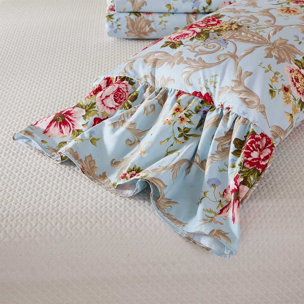 ABREEZE Floral Bedding Shabby Blue Bed Sheet Set Vintage Luxury Bedding Collections Ruffled 1000 Thread Count 100% Egyptian Cotton Deep Pocket, 4 Piece-King Size