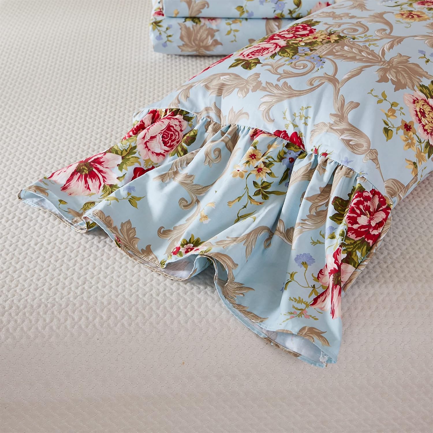 ABREEZE Floral Bedding Shabby Blue Bed Sheet Set Vintage Luxury Bedding Collections Ruffled 1000 Thread Count 100% Egyptian Cotton Deep Pocket, 4 Piece-King Size