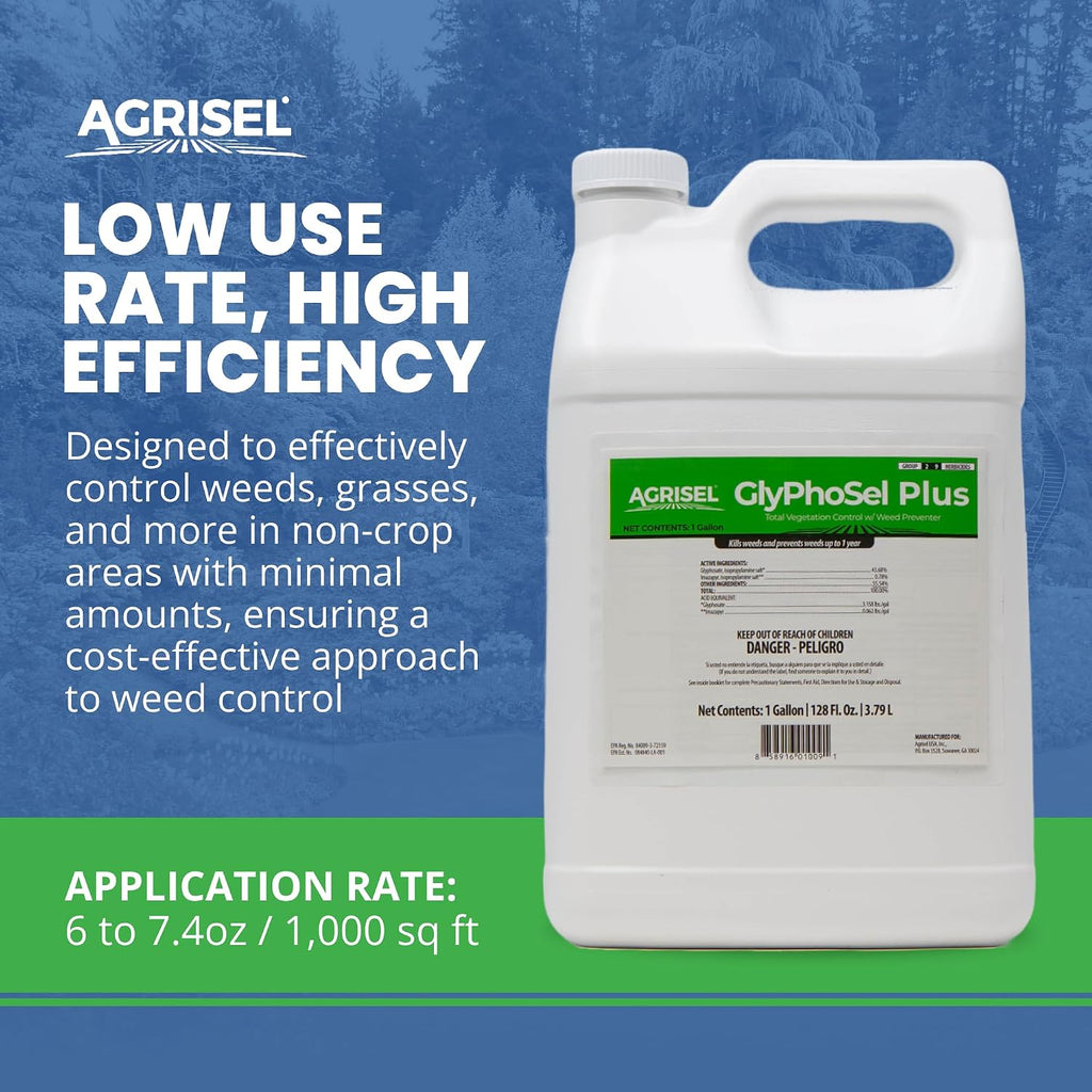 Agrisel GlyPhoSel Plus Weed Killer, Post Emergent, Long-Lasting Action, Eliminates Tough Weeds from Leaf to Root, For Non-Crop Areas, Pet Safe, Includes 3-pack of Agrisel Protective Gloves, 128 Ounces