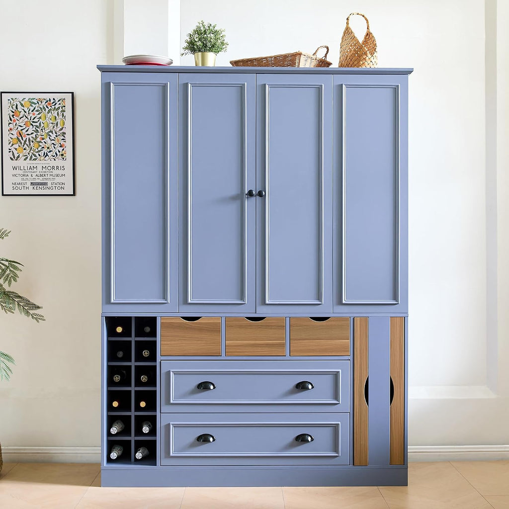 Farmhouse 71''H Large Kitchen Pantry, 53.2''Lx17.7''W Wood Dining Storage Cabinet Cupboard with 4 Foldable Doors, Power Outlet, Shelves, Wine Racks and Serving Trays (Gray-Fold D)