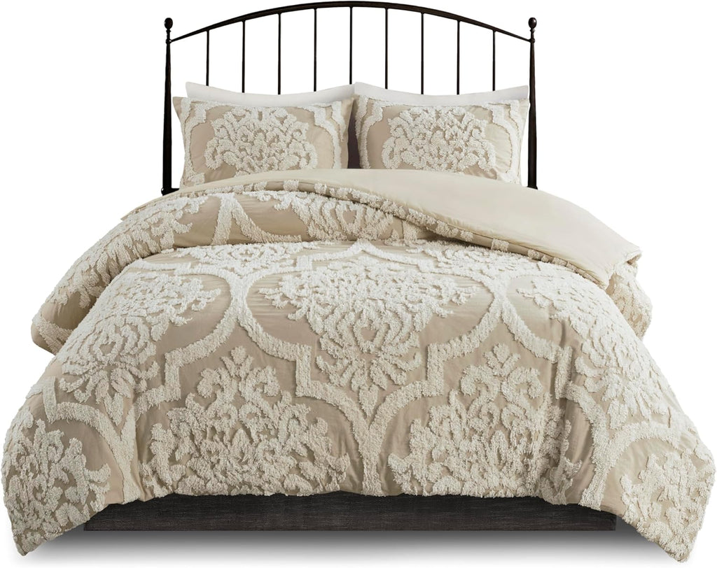 Madison Park Tufted Chenille 100% Cotton Duvet Modern Luxe All Season Comforter Cover Bed Set with Matching Shams, King/Cal King(104'x92'), Damask Taupe 3 Piece