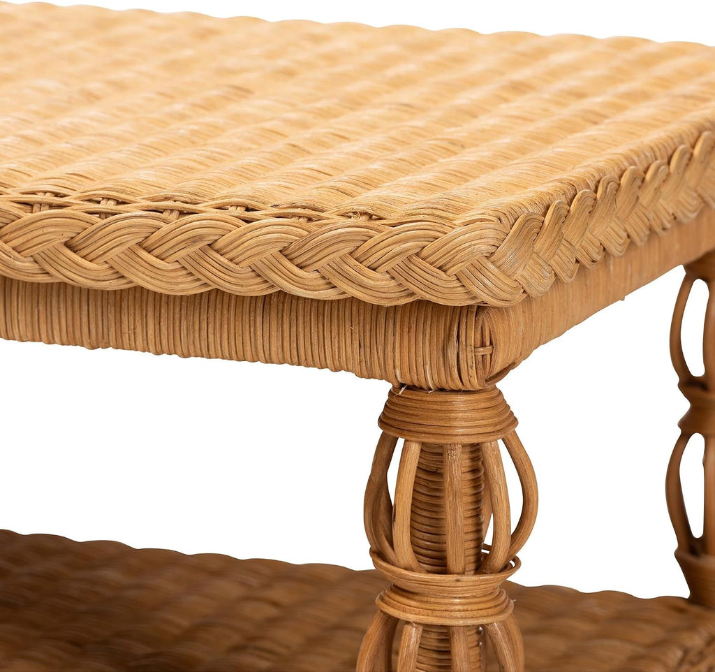Bali & pari Dolby Natural Rattan Coffee Table - Handwoven Wicker Accent Table with Lower Shelf, Coastal Boho Style Living Room Centerpiece
