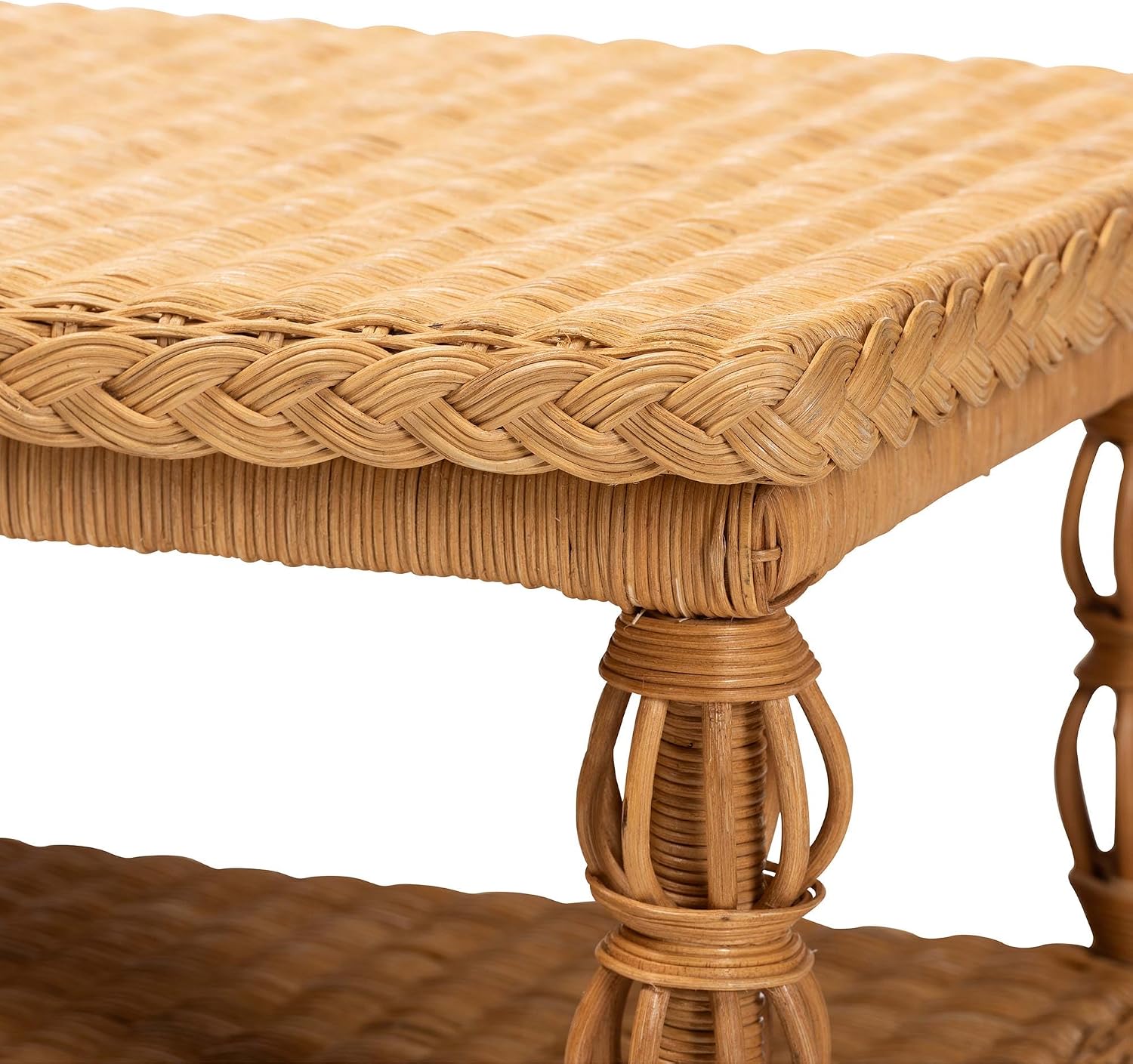 Bali & pari Dolby Natural Rattan Coffee Table - Handwoven Wicker Accent Table with Lower Shelf, Coastal Boho Style Living Room Centerpiece