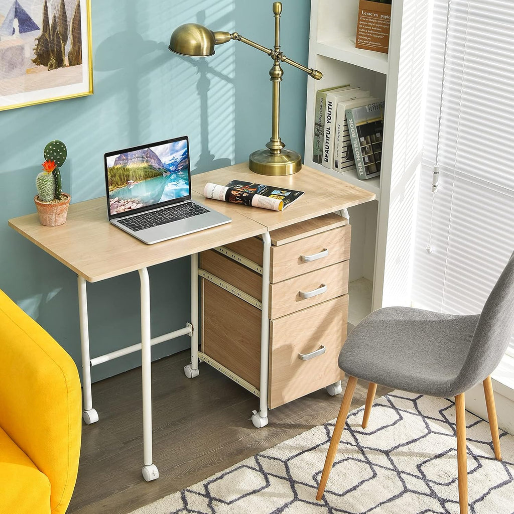 Tangkula Folding Computer Desk with 3 Storage Drawers, Mobile Home Office Desk Study Writing Desk with Smooth Wheels, Space Saving Compact Desk for Dorm Apartment, Rolling Folding Desk Table
