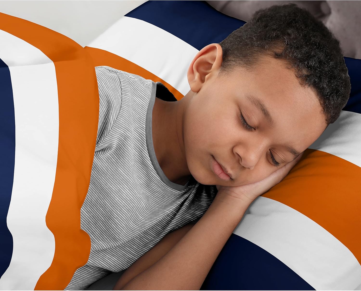 Sweet Jojo Designs Navy Blue, Orange and White Childrens, Teen 3 Piece Full/Queen Boys Stripe Bedding Set Collection