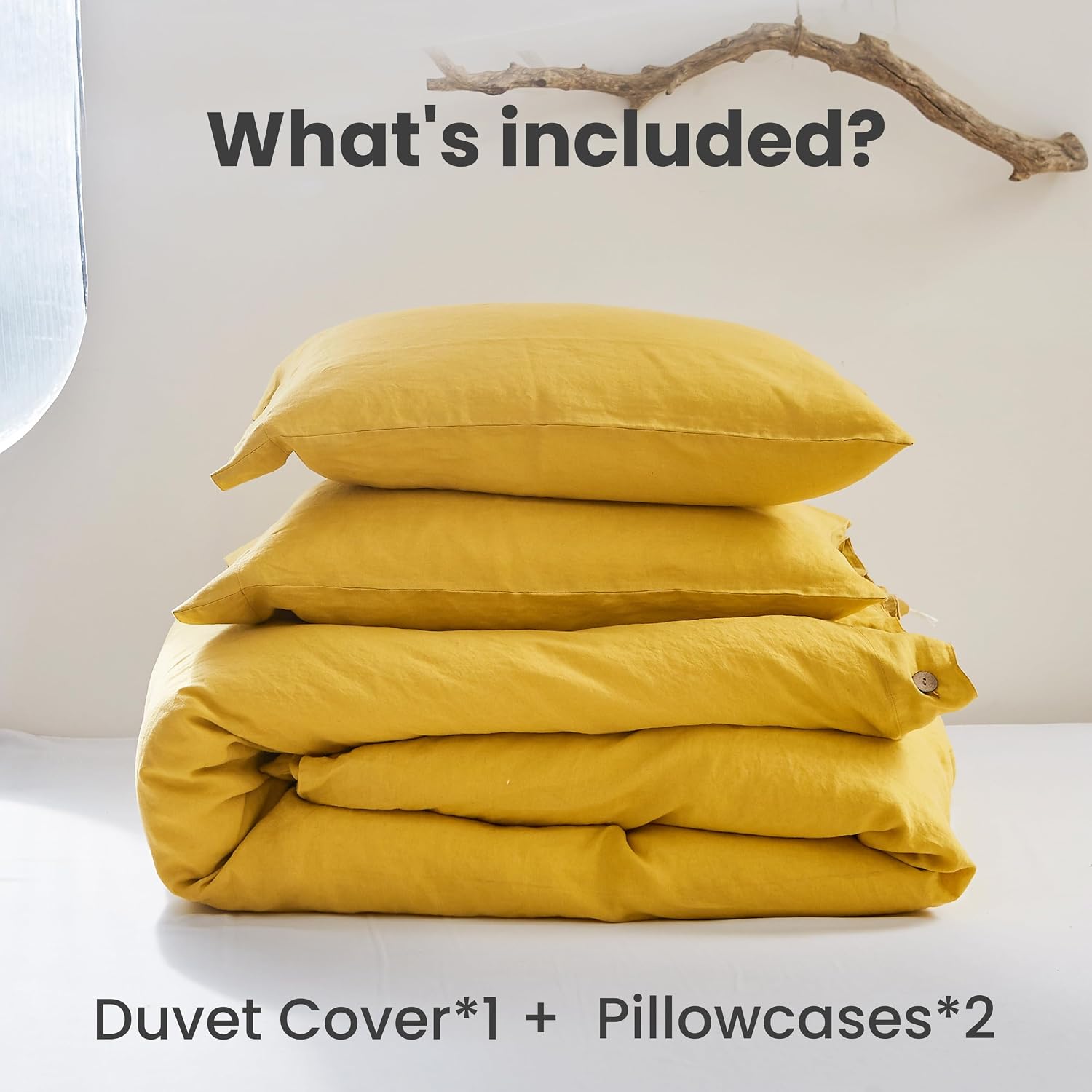 Simple&Opulence 100% Linen Duvet Cover Set 3pcs with Coconut Button Closure Natural French Washed Flax Solid Color Soft Breathable Farmhouse Bedding - Mustard Yellow, Queen Size