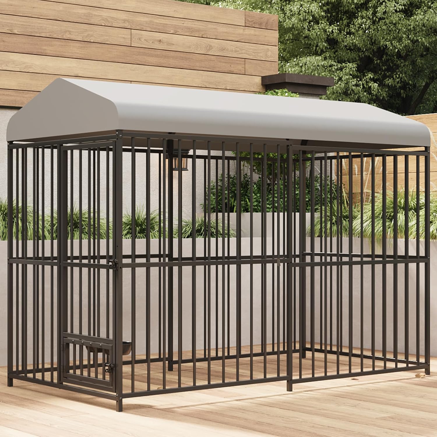 GarveeHome 8×4×6FT Large Heavy Duty Outdoor Dog Kennel, Weatherproof Metal Dog Cage with Lock, Rotating Stainless Steel Feeding Bowl & Waterproof Roof Cover, for All Dog Breeds, Yard or Indoor Use