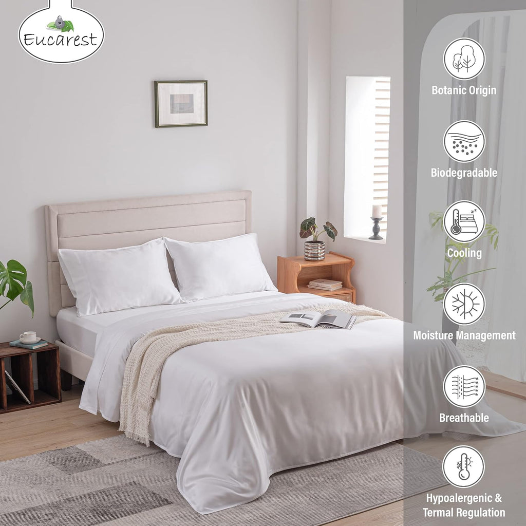 100% Eucalyptus Tencel Bed Sheets | California King | Organic | Ultra Soft | Cooling for Hot Sleepers | Hypoallergenic | Thermal Regulating | Deep Pocket | Fits 18' Mattress - White