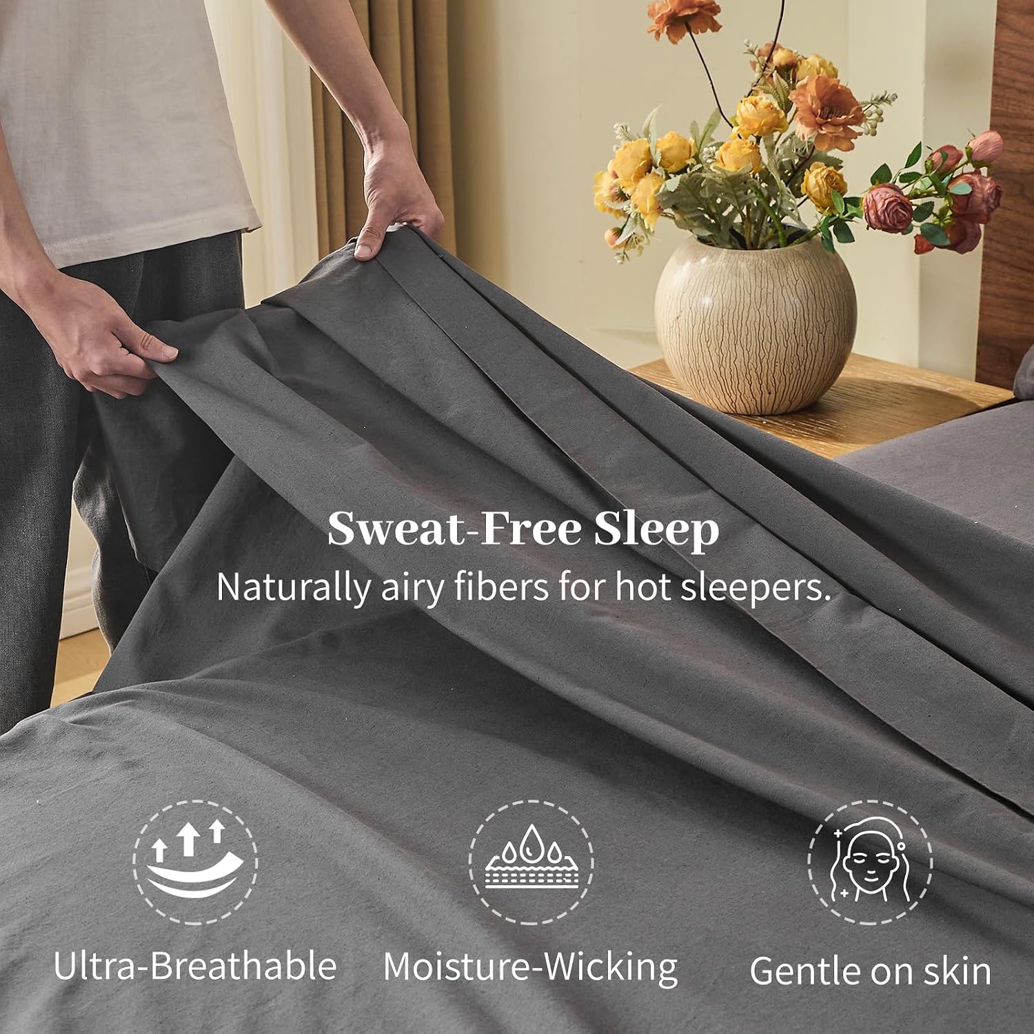 MEISHANG 100% French Pure Linen Sheets King Size - Bed Sheets 4 Piece Sets, Soft Durable Flax Linen, Anti-Tear Breathable Oeko-Tex Certified with 16' Deep Pocket (Dark Grey)