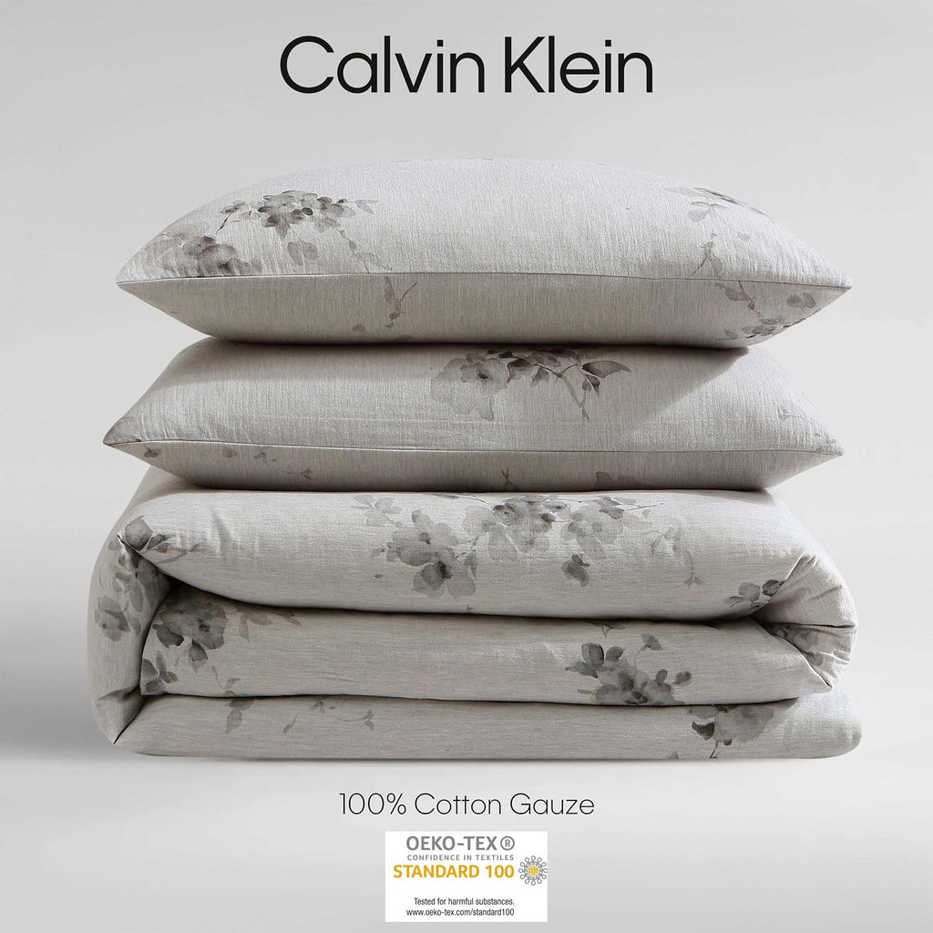 Calvin Klein - King Duvet Cover Set, Soft 100% Cotton Gauze Mélange Bedding, Tailored Knife-Edge Finish, 3 Piece Bed Set with Matching Pillowcases (Aquarelle Floral Grey)
